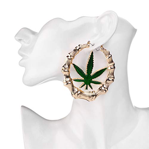 Gold Bone Hoop Earrings with Green Pot Leaf