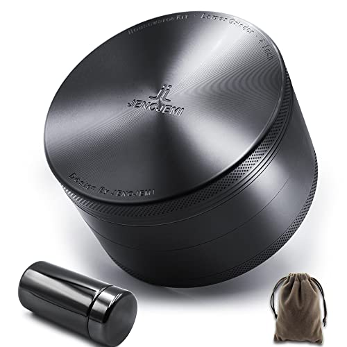 JENOJEMI Grinder Set - 4" Grinder With Aluminum Magnetic Lid UV Seal Glass Jar (Black Set)