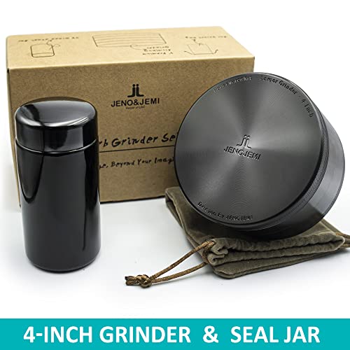 JENOJEMI Grinder Set - 4" Grinder With Aluminum Magnetic Lid UV Seal Glass Jar (Black Set)