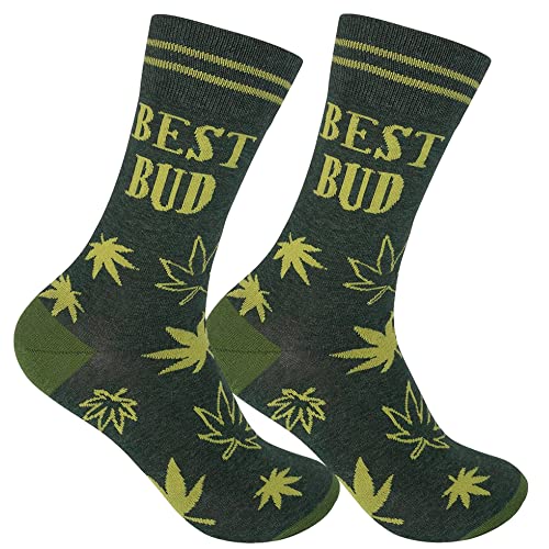 FUNATIC Best Bud Novelty Socks | Weed Leaf Stoner Gift with Message About Marijuana | Fun Stoner Dress Apparel | Rasta Theme Green Pot Leaves Present for Men Women Adult | 420 Love Related Party Stuff