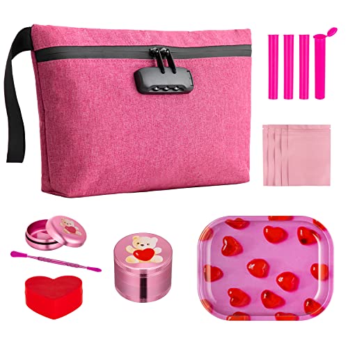 MAICHENG Smell Proof Bag with Combination Lock, Large Smell Proof Containers, Carbon Lined Odor Proof Pouch, Water Resistant, Airtight Zipper, Travel Storage Kit, Pink