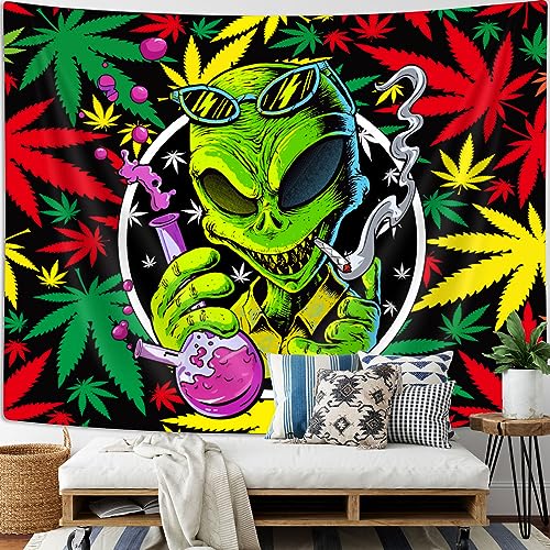 Trippy Alien Marijuana Tapestry - Psychedelic Hippie Decor