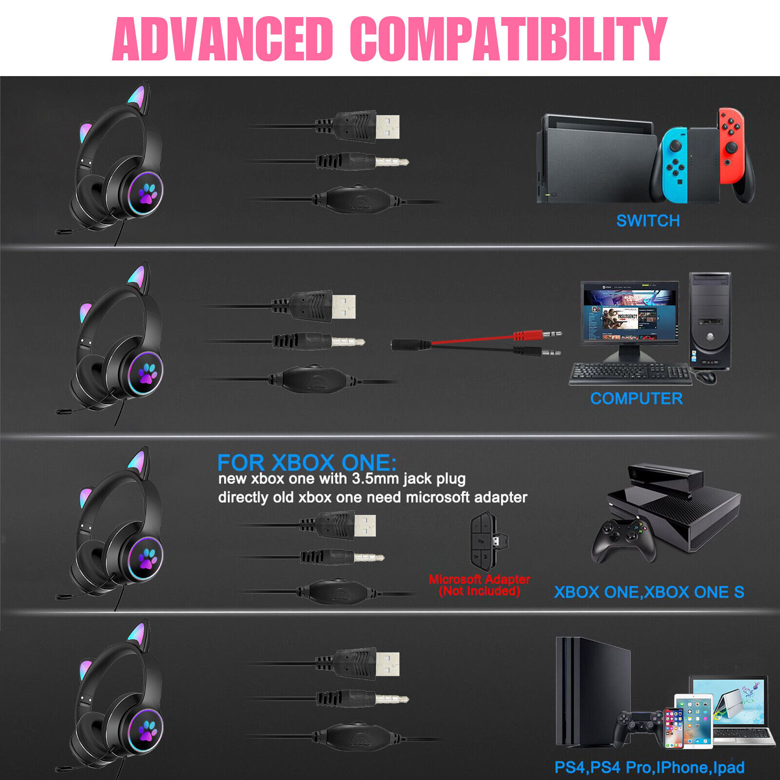 LED Gaming Headset with Cat Ears - PS4/PS5