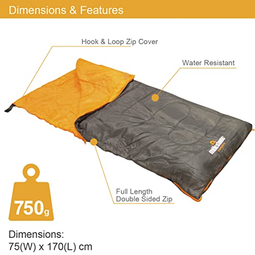 Milestone Camping Single Envelope Sleeping Bag | 2 Season | Full Length Dual Zip | Grey & Orange