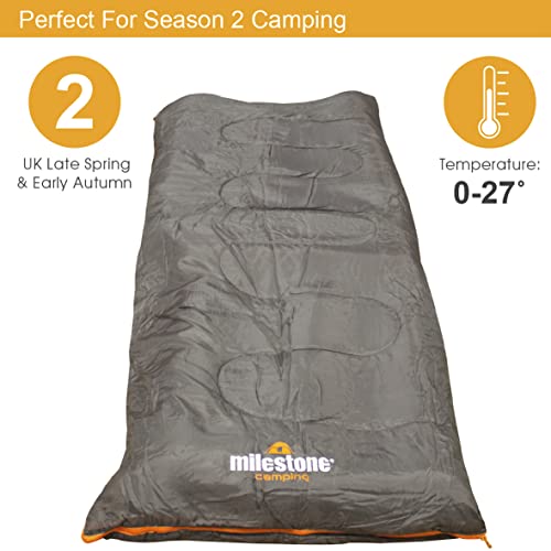 Milestone Camping Single Envelope Sleeping Bag | 2 Season | Full Length Dual Zip | Grey & Orange