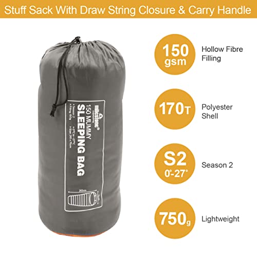 Milestone Camping Single Envelope Sleeping Bag | 2 Season | Full Length Dual Zip | Grey & Orange