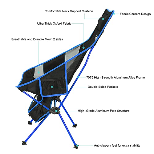 Portable Camping Chair with Headrest and 2-Sided Pocket