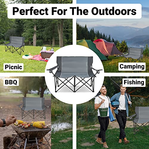 SA Products Double Camping Chairs for Adults - Foldable & Portable Outdoor Loveseat, 2 Seater Folding Camping Seat for Park, Beach, Garden, Camp, Football Game with Cup Holder, Heavy Duty Steel Frame
