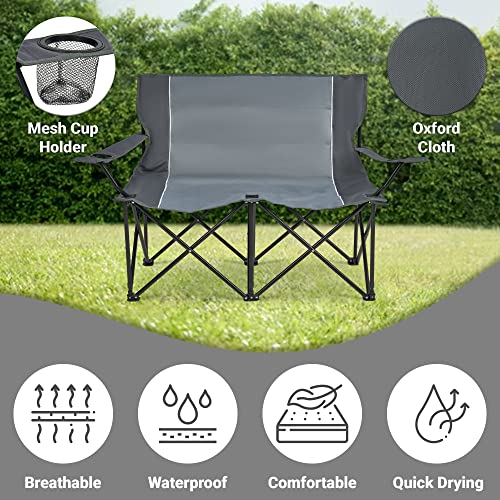 SA Products Double Camping Chairs for Adults - Foldable & Portable Outdoor Loveseat, 2 Seater Folding Camping Seat for Park, Beach, Garden, Camp, Football Game with Cup Holder, Heavy Duty Steel Frame