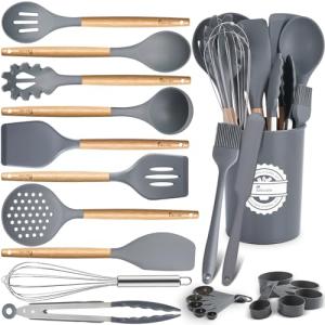 33 Piece Silicone Wood Handle Kitchen Utensil Set