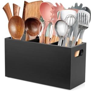 Black Wooden Utensil Holder – 3 Compartment Caddy