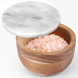 Acacia Wood Salt Cellar with Marble Lid and Spoon
