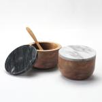 Acacia Wood Salt Cellar with Marble Lid and Spoon