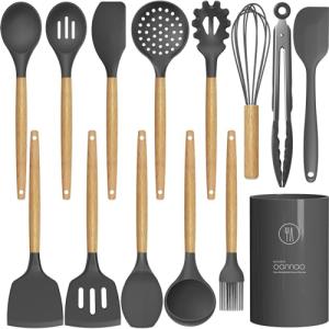 Silicone Cooking Utensils Set with Wooden Handles