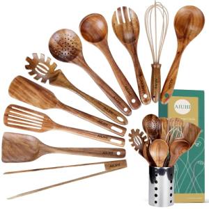 Wooden Kitchen Utensil Set with Holder (11 Pieces)
