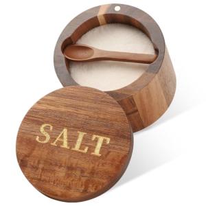 Acacia Wood Salt Cellar with Spoon and Lid