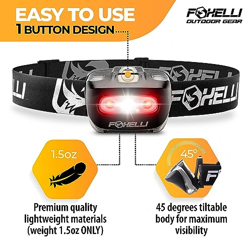 Foxelli LED Hiking Headlamp - White/Red Light, Waterproof