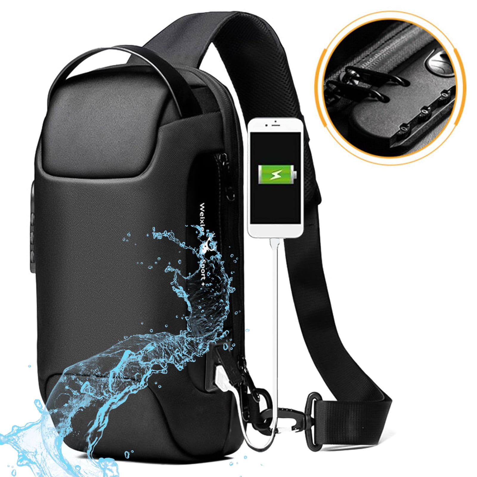 Waterproof Hiking Sling Bag with USB Charging Port