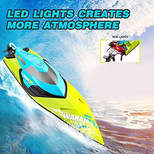 4DRC S2 High Speed RC Boats,30+ mph Remote Control Boat for Pools and Lakes with LED Lights & 2 Batteries,Capsize Recovery, Low Battery Reminder,2.4Ghz Racing Boats for Adults Kids,Green