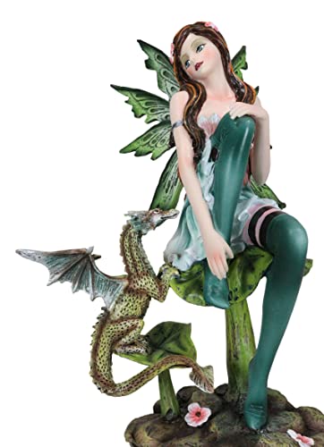 Gaia Pixie Fairy with Green Wyrmling Dragon Statue