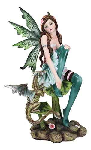 Gaia Pixie Fairy with Green Wyrmling Dragon Statue