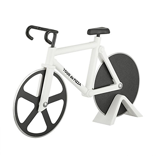 Bicycle Pizza Cutter - TOUR de PIZZA - Dual Stainless Steel Non-Stick Cutting Wheels - Display Stand - The Bike Pizza Cutter is Dishwasher Safe