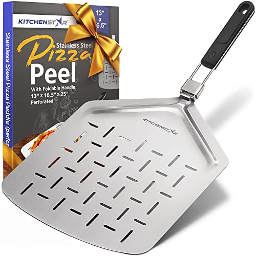 KitchenStar Perforated Stainless Steel Pizza Peel with Folding Handle (13 x 16.5 Inches) for Oven Pizza Turning, Placement and Retrieving - Professional Baking Tools Series