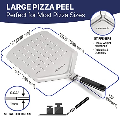 KitchenStar Perforated Stainless Steel Pizza Peel with Folding Handle (13 x 16.5 Inches) for Oven Pizza Turning, Placement and Retrieving - Professional Baking Tools Series