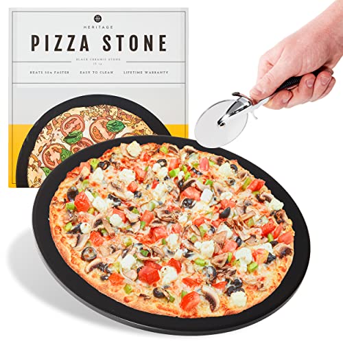 Heritage Pizza Stone, 15 inch Ceramic Baking Stones for Oven Use - Non-Stick, No Stain Pan & Cutter Set for Gas, BBQ & Grill - Kitchen Accessories & Housewarming Gifts w/ Bonus Pizza Wheel - Black
