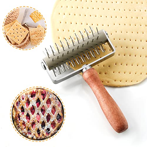 Stainless Steel Dough Docker, Time-Saver Pizza Dough Roller Docker with Wood Handle, Pizza Bread Pin Puncher Pizza Wheel for Pizza Cookie Cake Pie Pastry Bread Dough