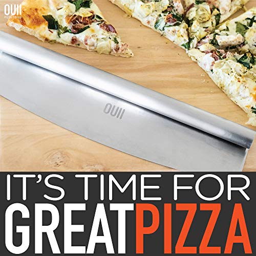 OUII Pizza Peel Aluminum Metal Pizza Paddle - 12 x 14 inch. Pizza Cutter Rocker 14'' Blade Pizza Spatula for Pizza Stone, Pizza Oven Accessories. Pastry, Dough, Bread Peel and Rocker Knife Pizza Tools