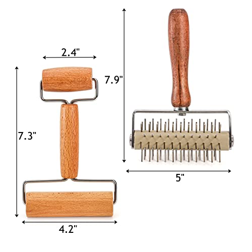 Hiceeden Set of 2 Pizza Dough Roller & Dough Docker, Stainless Steel Dough Hole Maker Puncher Wooden Rolling Pin for Pizza, Cookie, Pie, Pastry, Bread, Crust