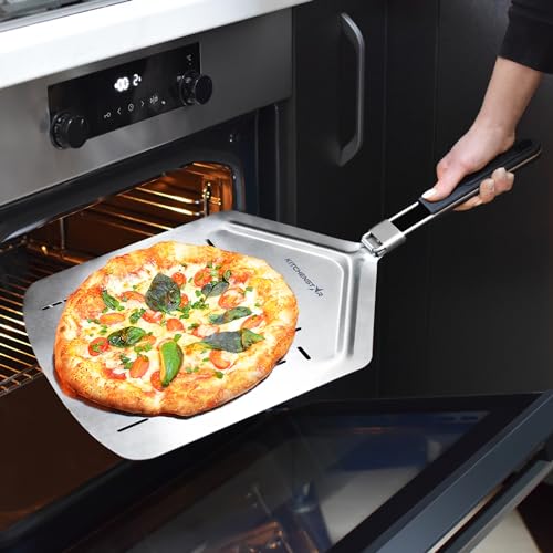 KitchenStar Perforated Stainless Steel Pizza Peel with Folding Handle (13 x 16.5 Inches) for Oven Pizza Turning, Placement and Retrieving - Professional Baking Tools Series