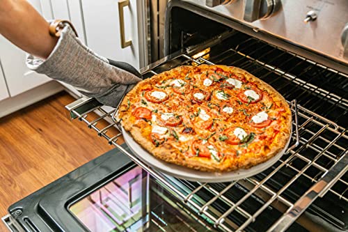 Cuzi Gourmet 4-Piece Large Pizza Stone Set - 13" Thermal Shock Resistant Cordierite Pizza Stone with Handle Rack, 19" Natural Bamboo Pizza Peel & Pizza Cutter - Large Baking Stone for Grill and Oven