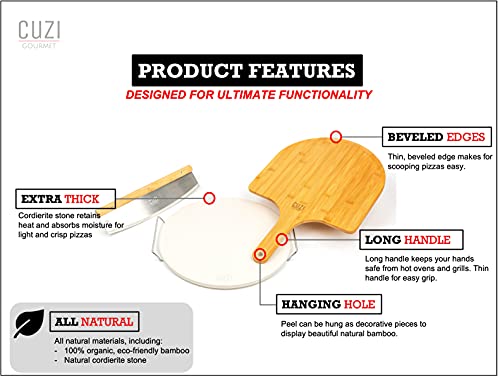 Cuzi Gourmet 4-Piece Large Pizza Stone Set - 13" Thermal Shock Resistant Cordierite Pizza Stone with Handle Rack, 19" Natural Bamboo Pizza Peel & Pizza Cutter - Large Baking Stone for Grill and Oven