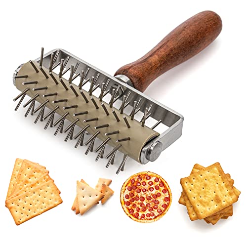 Hiceeden Set of 2 Pizza Dough Roller & Dough Docker, Stainless Steel Dough Hole Maker Puncher Wooden Rolling Pin for Pizza, Cookie, Pie, Pastry, Bread, Crust