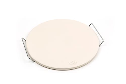 Cuzi Gourmet 4-Piece Large Pizza Stone Set - 13" Thermal Shock Resistant Cordierite Pizza Stone with Handle Rack, 19" Natural Bamboo Pizza Peel & Pizza Cutter - Large Baking Stone for Grill and Oven