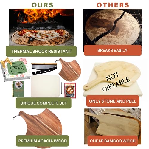 Pizza Stone for Oven and Grill with Wooden Pizza Peel Paddle & Pizza Cutter Set - Detachable Serving Handles - BBQ Grilling Accessories - Baking Supplies - 15 inch x 12 inch Large Stone