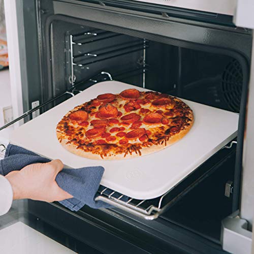 Pizza Stone for Oven and Grill with Wooden Pizza Peel Paddle & Pizza Cutter Set - Detachable Serving Handles - BBQ Grilling Accessories - Baking Supplies - 15 inch x 12 inch Large Stone