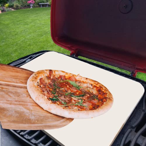 Pizza Stone for Oven and Grill with Wooden Pizza Peel Paddle & Pizza Cutter Set - Detachable Serving Handles - BBQ Grilling Accessories - Baking Supplies - 15 inch x 12 inch Large Stone