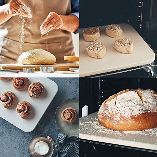 Pizza Stone for Oven and Grill with Wooden Pizza Peel Paddle & Pizza Cutter Set - Detachable Serving Handles - BBQ Grilling Accessories - Baking Supplies - 15 inch x 12 inch Large Stone