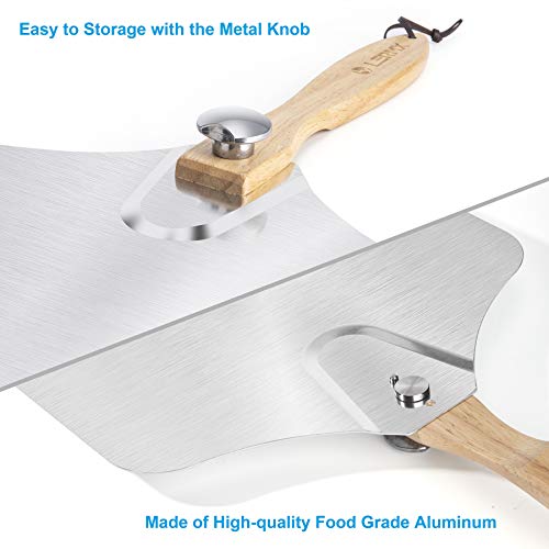 Pizza Peel with Sharp Pizza Cutter, LX LERMX Aluminum Metal Pizza Peel with Foldable Wood Handle & Sharp Slicer Knife, Pizza Paddle for Easy Storage to Baking & Slicing Homemade Pizza Bread Pie Pastry