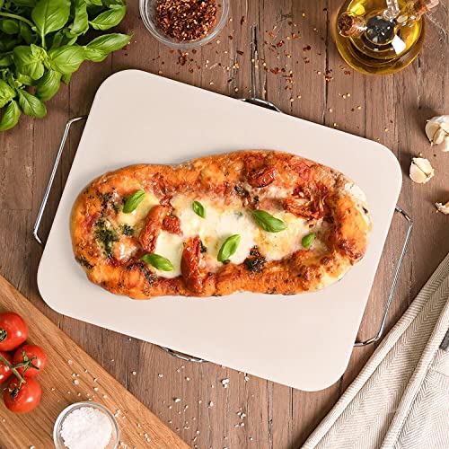 Pizza Stone for Oven and Grill, Rectangle Baking Stone 15 x 12 Inch with Free Pizza Cutter & Detachable Serving Rack, Safe Ceramic Cooking Stone for Crisp Crust Pizza Bread Cookie and More