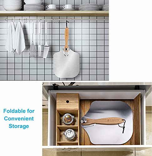 Pizza Peel with Sharp Pizza Cutter, LX LERMX Aluminum Metal Pizza Peel with Foldable Wood Handle & Sharp Slicer Knife, Pizza Paddle for Easy Storage to Baking & Slicing Homemade Pizza Bread Pie Pastry