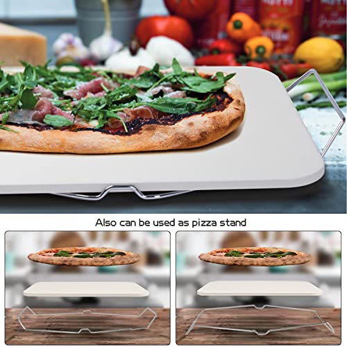 Pizza Stone for Oven and Grill, Rectangle Baking Stone 15 x 12 Inch with Free Pizza Cutter & Detachable Serving Rack, Safe Ceramic Cooking Stone for Crisp Crust Pizza Bread Cookie and More