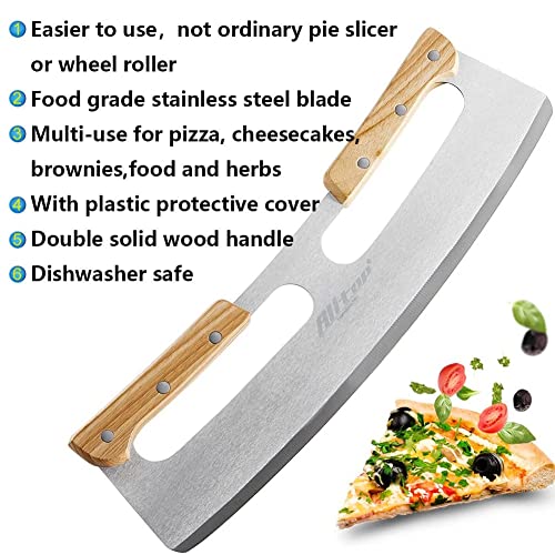 Pizza Cutter Rocker,Stainless Steel Blade Knife With Double Wooden Handle & Plastic Cover, Large Pizza Slicer/Chopper,Good Kitchen Tool -14 In