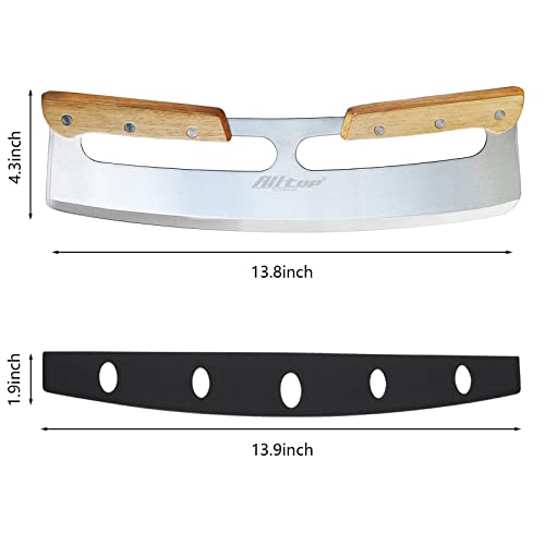 Pizza Cutter Rocker,Stainless Steel Blade Knife With Double Wooden Handle & Plastic Cover, Large Pizza Slicer/Chopper,Good Kitchen Tool -14 In