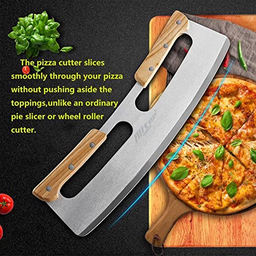 Pizza Cutter Rocker,Stainless Steel Blade Knife With Double Wooden Handle & Plastic Cover, Large Pizza Slicer/Chopper,Good Kitchen Tool -14 In