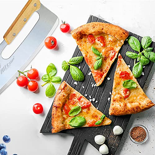 Pizza Cutter Rocker,Stainless Steel Blade Knife With Double Wooden Handle & Plastic Cover, Large Pizza Slicer/Chopper,Good Kitchen Tool -14 In