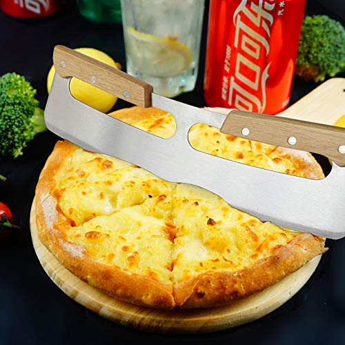 Pizza Cutter Rocker,Stainless Steel Blade Knife With Double Wooden Handle & Plastic Cover, Large Pizza Slicer/Chopper,Good Kitchen Tool -14 In